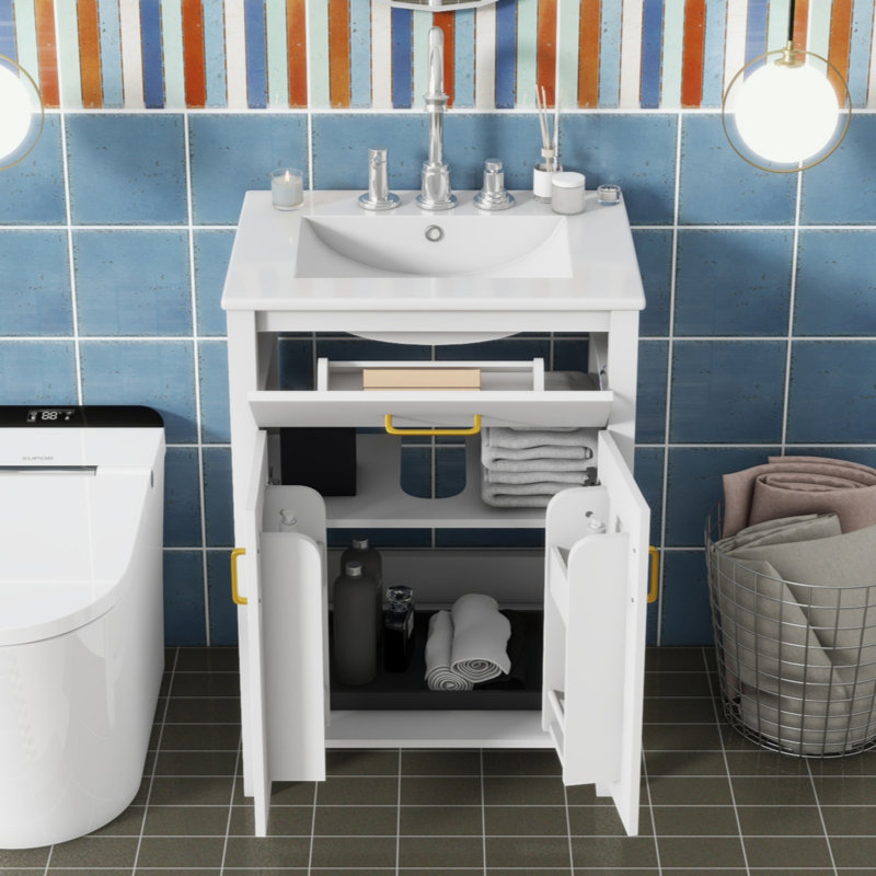 Ensemble de meuble-lavabo 24 po avec lavabo en céramique, meuble-lavabo compact de 24 po x P18 po x H34 po, 2 portes à fermeture en douceur