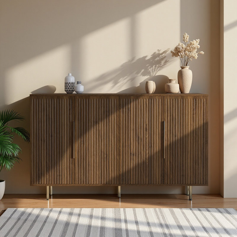 Buffet buffet moderne en bois cannelé avec tablettes de rangement réglables