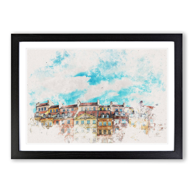 Warsaw Old Town In Poland Watercolour - Picture Frame Graphic Art, Black, 33cm H x 45cm W x 2cm D