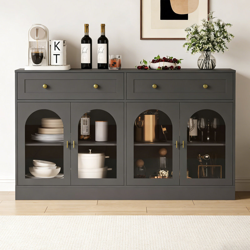 Buffet de 55 po de large avec 4 portes en acrylique et 2 tiroirs, armoire de rangement pour la cuisine de ferme, console en bois pour le salon, la salle à manger, le vestibule, noir