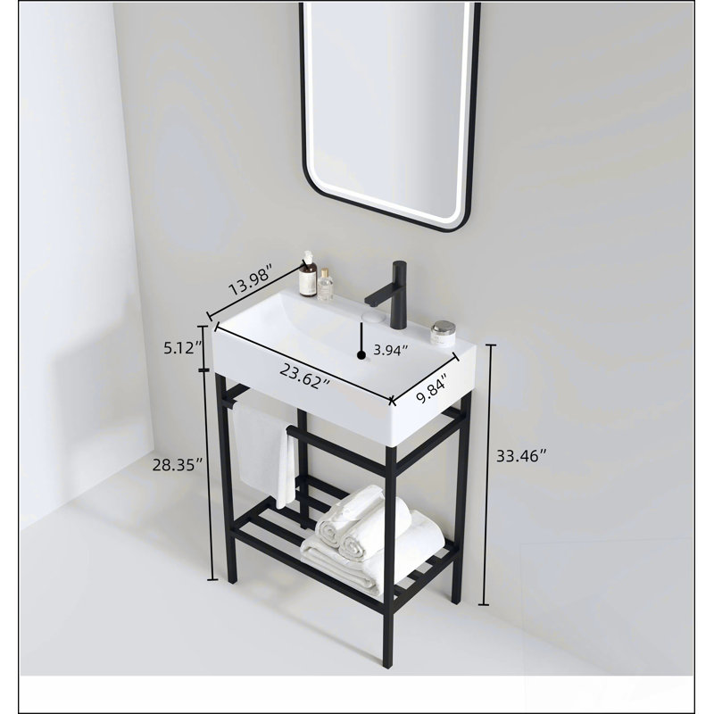 Meuble-lavabo 24 po avec lavabo en céramique, ensemble de lavabo console sur pied, lavabo rectangulaire en céramique blanc brillant sans robinet, pieds en métal ouverts, tablettes de rangement, noir