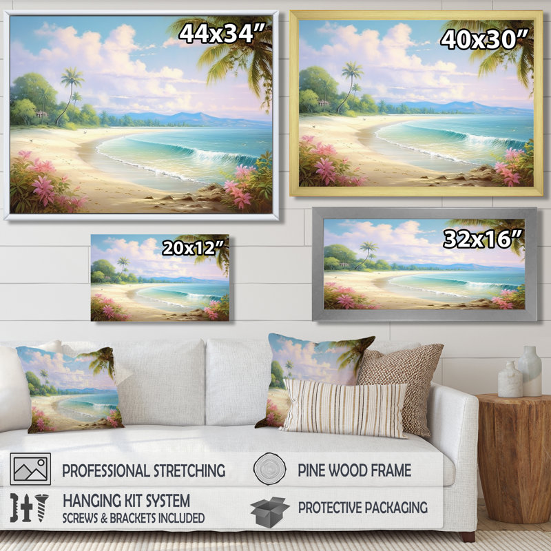 Rourke - plage et océan, art mural, Toile encadrée flottée blanche, H 34 po x l 44 po x P 1,5 po