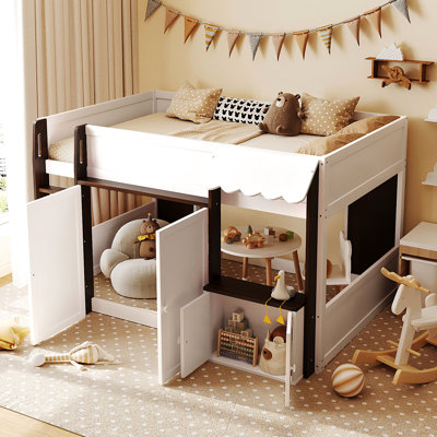 Lit mezzanine pleine grandeur avec maisonnette, blanc +, chambre à coucher moderne en bois, conception fantaisiste, zone de jeu inférieure, maisonnette et rangement de rangement organisé, auvent festonné de conception, privé