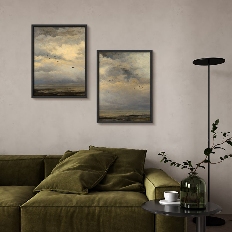Ensemble d'art mural 2 pièces ciel orageux avec oiseaux - Moody Atmospheric, H 14 po x l 11 po, Blanc