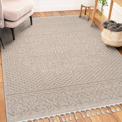 6X9 Beige Medallion Area Rug Loom & - Stain , Non-Shedding, , Long-Lasting,