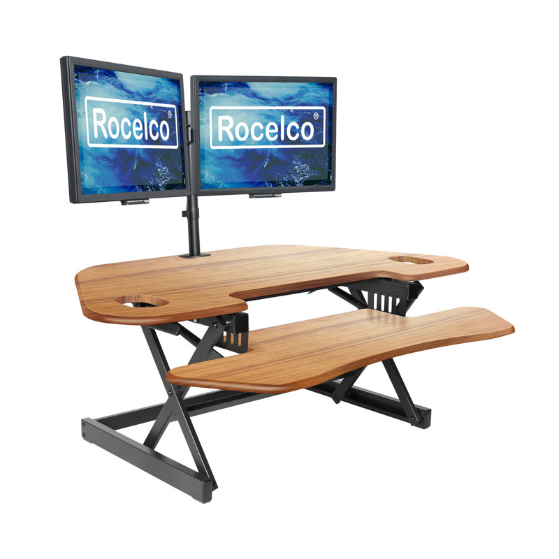  46 in. Beige Height Adjustable Corner Standing Desk Converter Dual Monitor Riser with Gas Spring Assist System, Beige
