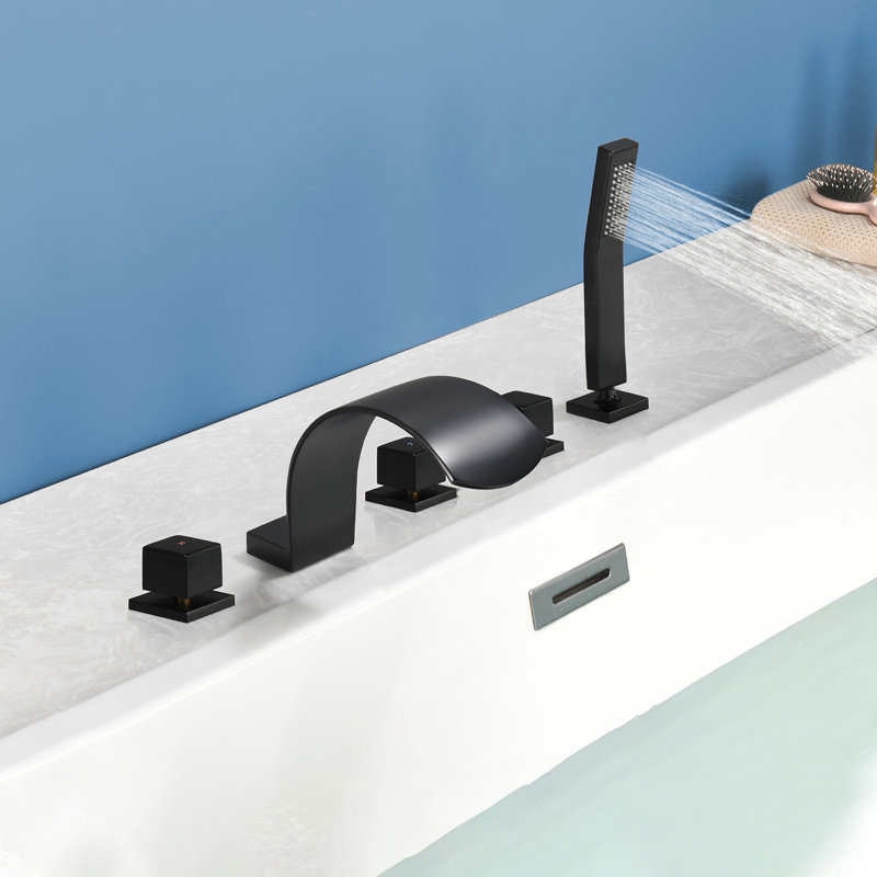 Deck Mount Roman Tub Faucet Set Waterfall High Flow Bathtub Faucets, Black