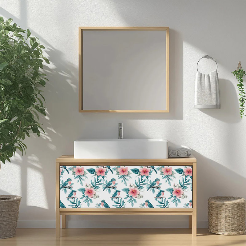 Seagreen and Pink Floral Bird 4x4 Vinyl Tile Stickers