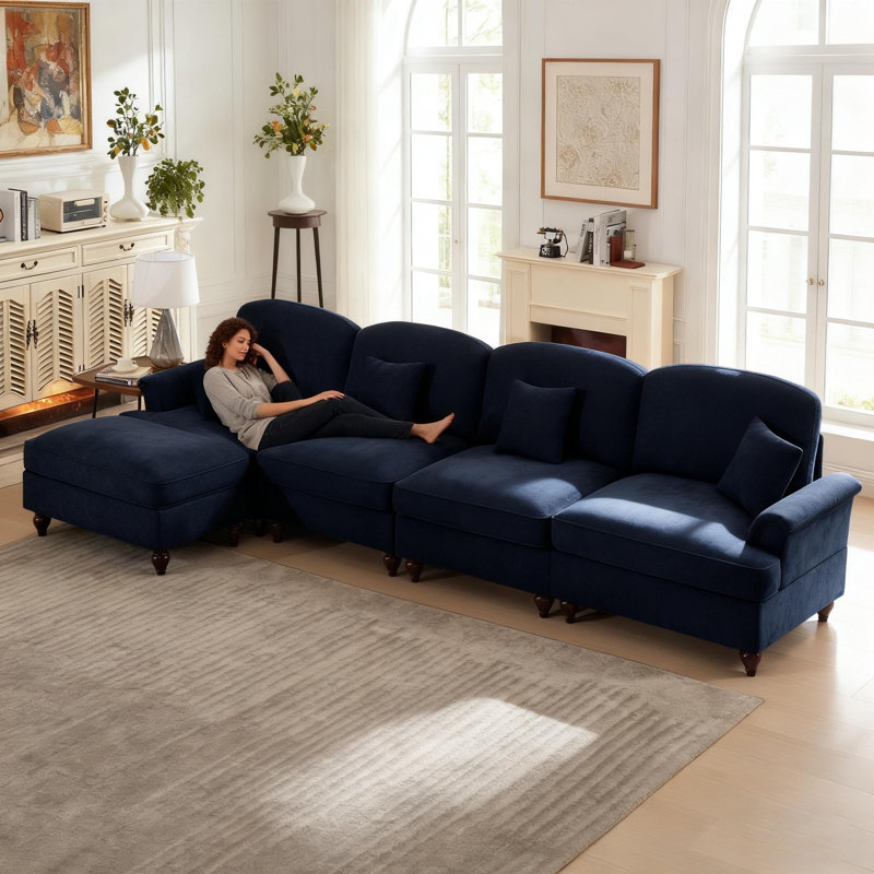 Canapé modulaire classique à trois places en forme de L avec accoudoirs évasés et volants amovibles., Bleu, Oui