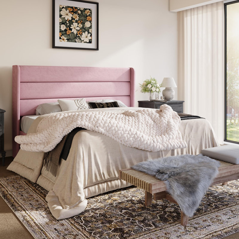 Modern Velvet Upholstered Platform Bed With Wooden Slats Wingback Headboard Included, Queen, Pink