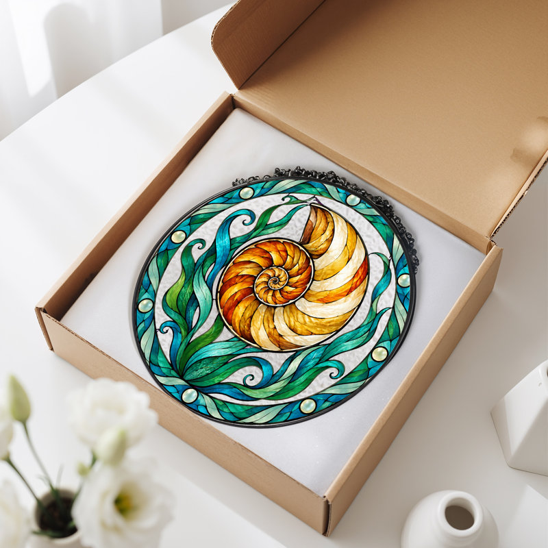 Art mural orange et blanc en toile de verre Nautilus, H 12 po