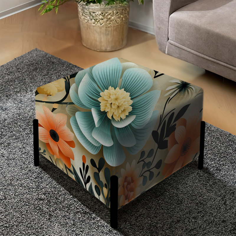 Blue And Orange Poppy Mosaic Melody - Eclectic Square Ottoman