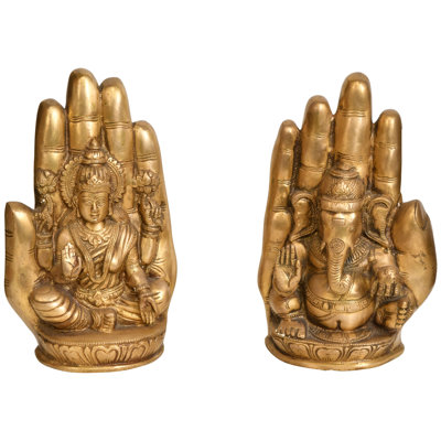 Handcrafted 8" Brass Lakshmi & Ganesha Figurine Set - Traditional Indian Palm-Sized Prosperity Statues for Home Altar Decor 8.8"H x 5.5"W x 3"D