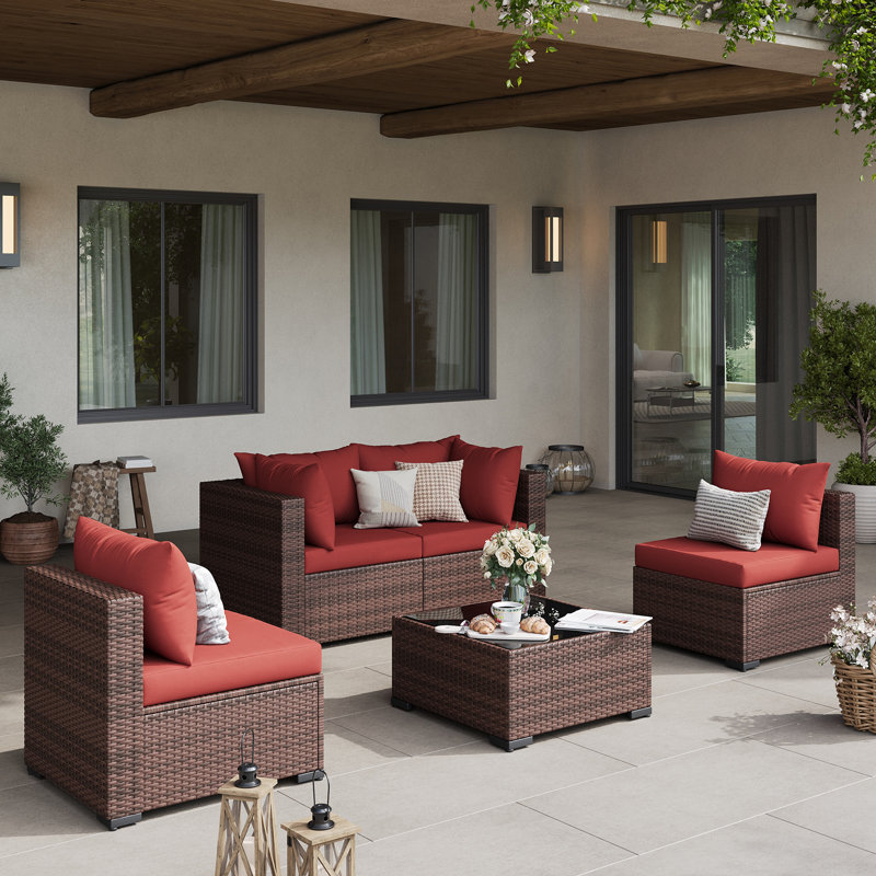 Ensemble de conversation de patio extérieur en osier 5 pièces avec coussins, Red