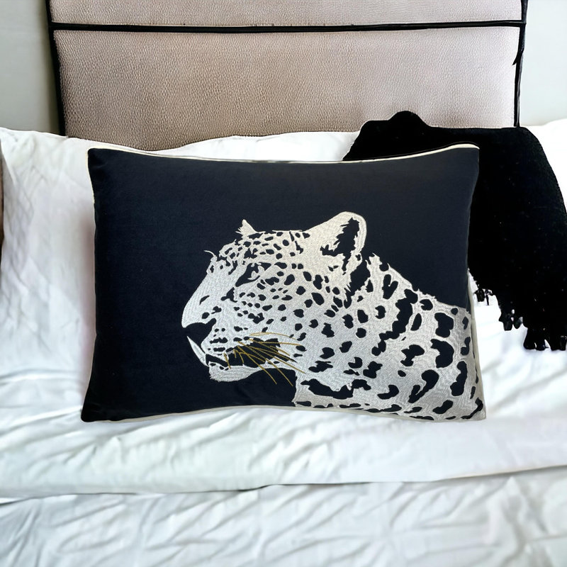 Velvet Leopard Lumbar Pillow Cover, Black/Silver