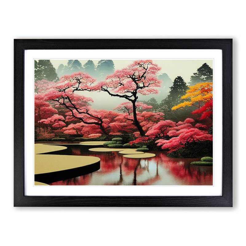 Japanese Garden Pond Vol.3 - Single Picture Frame Painting, 46cm H x 64cm W x 2cm D, Black