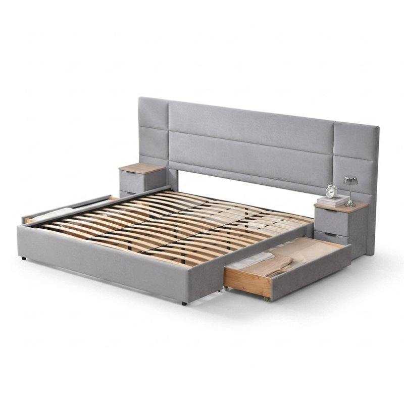 Lit plateforme moderne capitonné avec tête de lit capitonnée, tiroirs de rangement et tables de chevet indépendantes, format King, velours gris pâle