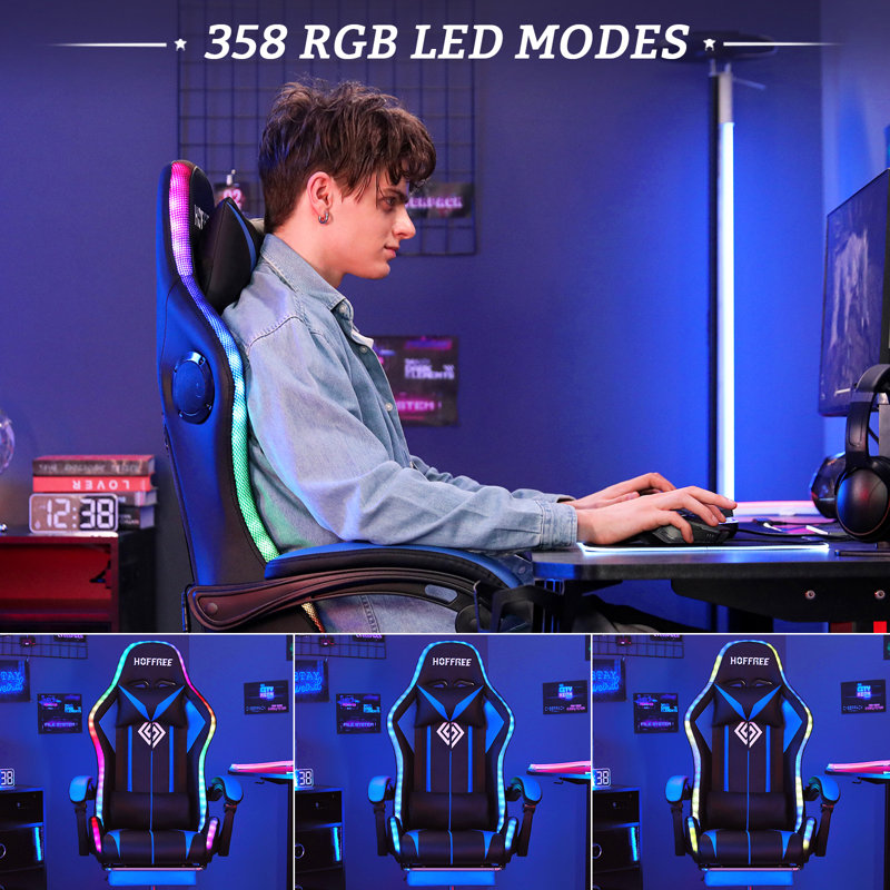 Hoffree LED Ergonomic Gaming Chair with Bluetooth Speakers and Vibration Lumbar Pillow, Blue/Black