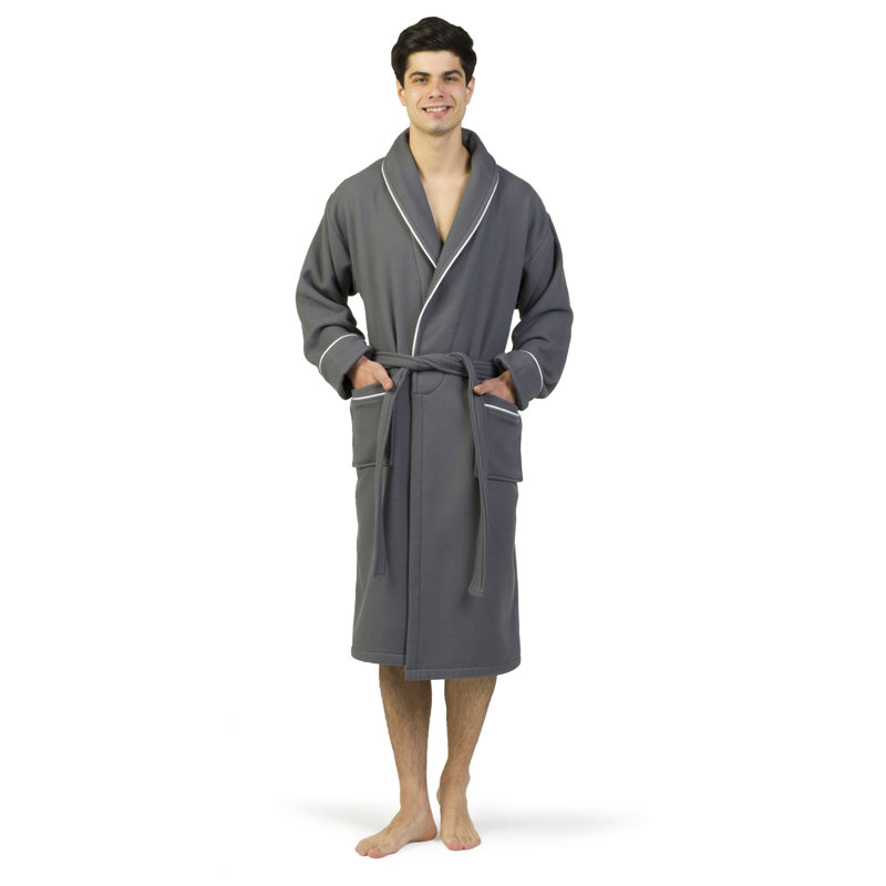 Gender Neutral Mid-Calf Bathrobe with Pockets, Dark Gray/White, L