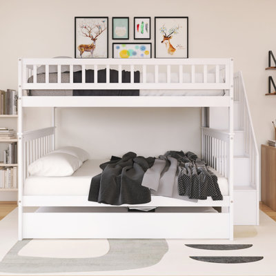 Wood Frame Full Over Full Size Bunk Bed With Trundle And Staircase