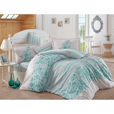 Ensemble de housse de couette 100% coton blanc / turquoise Cropper