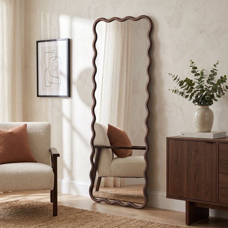 Miroir décoratif ondulé en bois d'hévéa massif, 65 po x 24 po, Dark Walnut, Rectangulaire