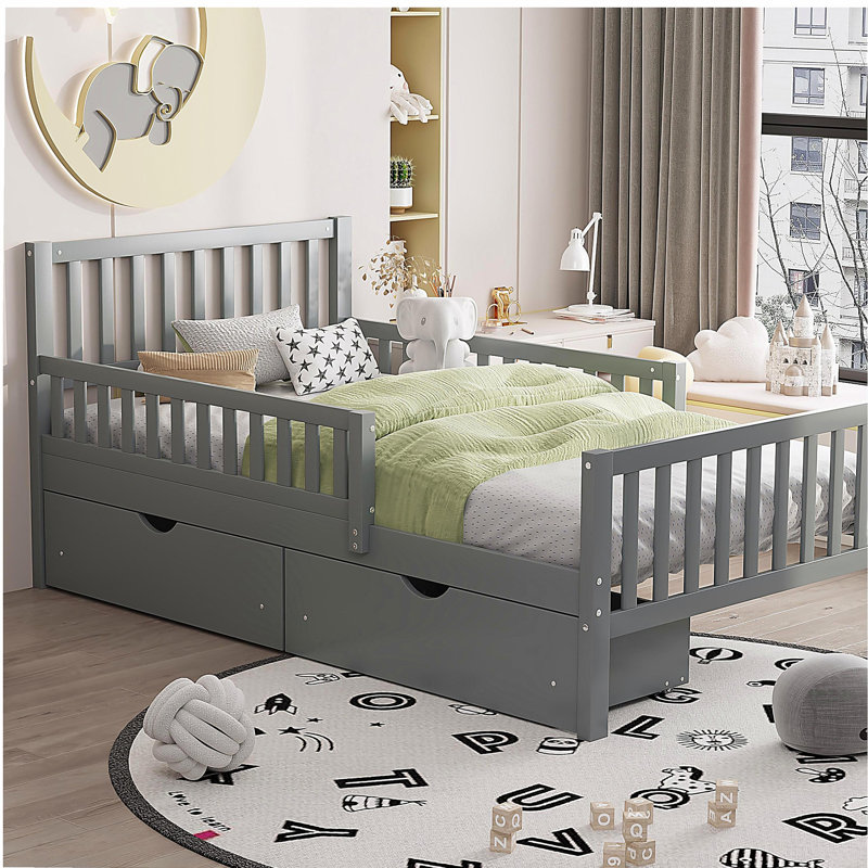 Lit plateforme en bois avec gardes latéraux et deux tiroirs de rangement, Gris, Lit simple