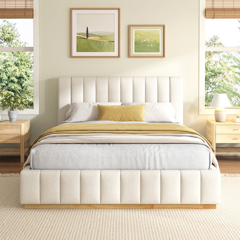Lit à rayures moderne, minimaliste et élégant en tissu, beige, grand, Grand lit