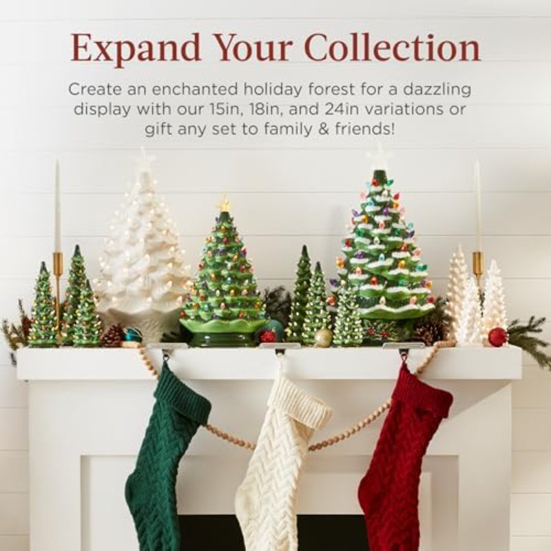 Ensemble de 3 arbres de Noël en céramique, décoration de Noël de table pré-éclairée peinte à la main avec ampoules DEL multicolores - vert givré