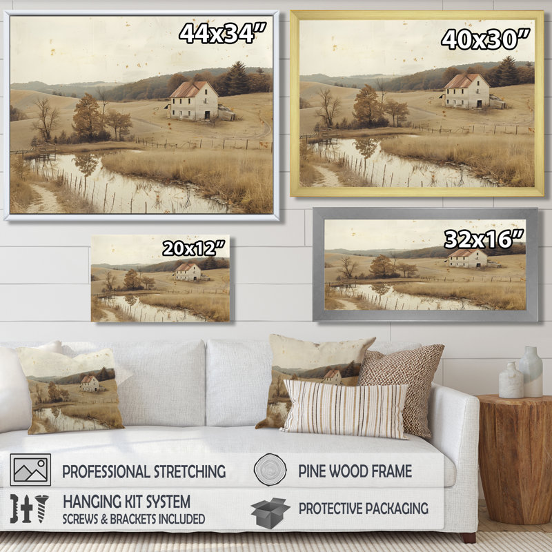Paysage de ferme brun américain II - ferme, art mural, H 34 po x l 44 po x P 1,5 po, Toile tendue