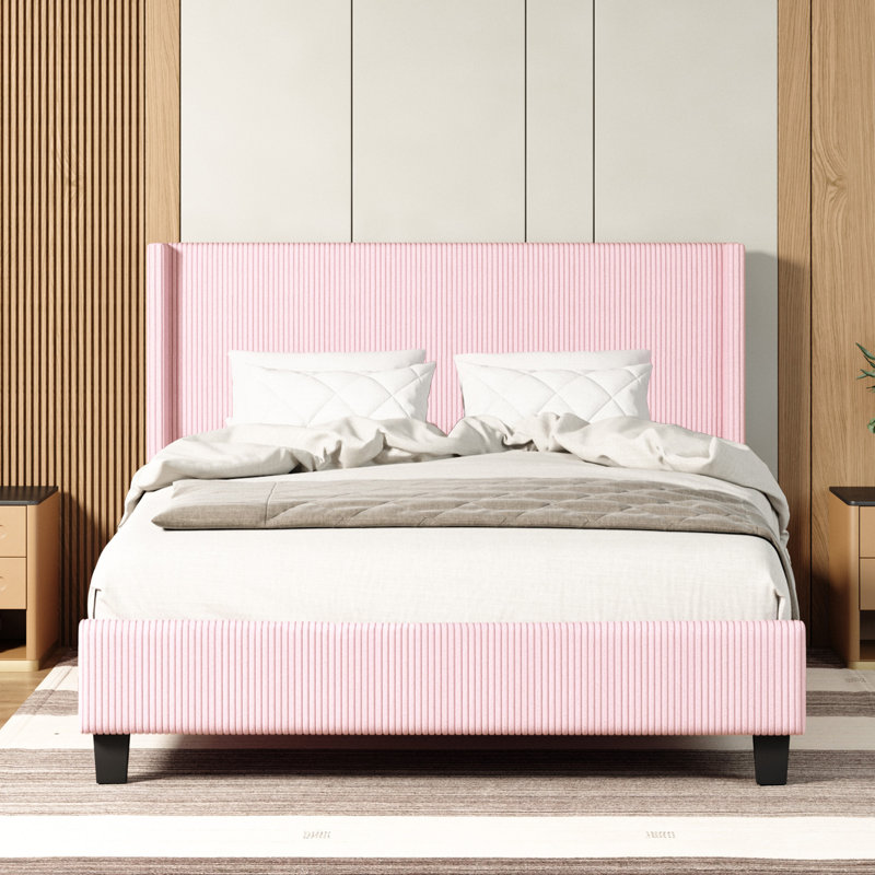 Schauer Corduroy Upholstered Wingback Bed, Metal Frame , Plywood Slats, No Box Spring, Full / Double, Pink