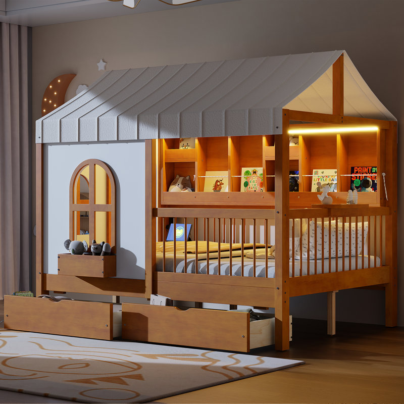 Full Size Kids House Bed with 2 Large Storage Drawers, Side Bookshelf & LED Lights, Walnut, Walnut