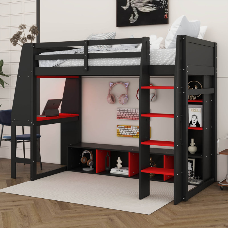Lit mezzanine simple avec bureau, étagères à rangement multiples, support à vêtements à DEL et à suspendre, cadre de lit en bois