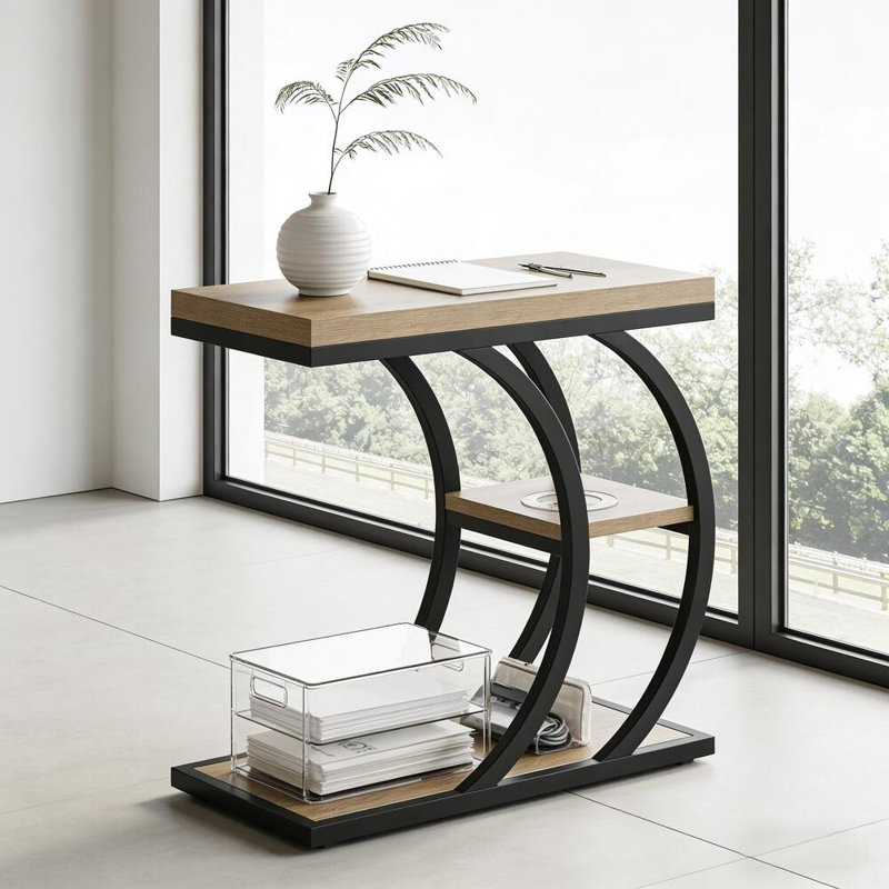 Table de bout contemporaine à 3 niveaux avec tablettes de rangement - Table d'appoint mince en forme de C industrielle pour le salon et la chambre à coucher