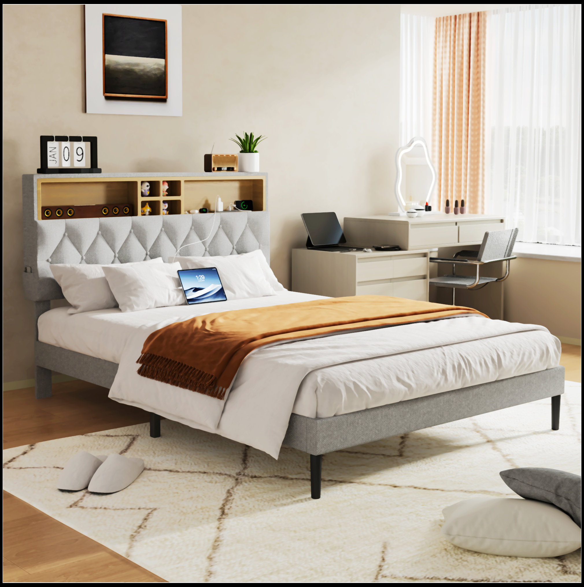 Ebern Designs Full Size Bed Frame With 2-Tier Storage Adjustable ...