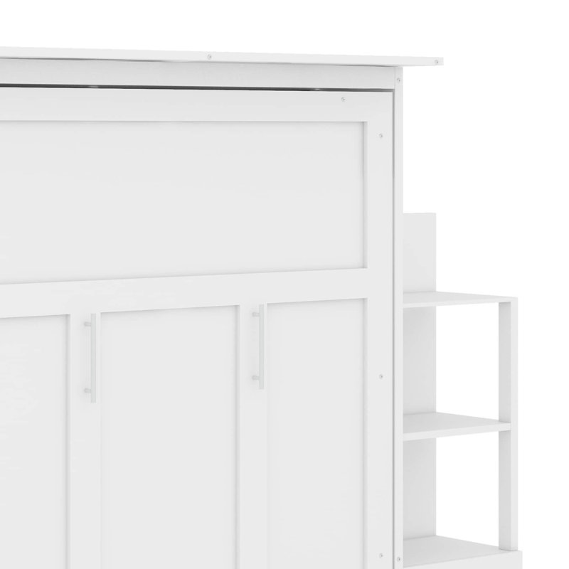 Grand lit escamotable avec tablettes, tiroirs et DEL, Blanc
