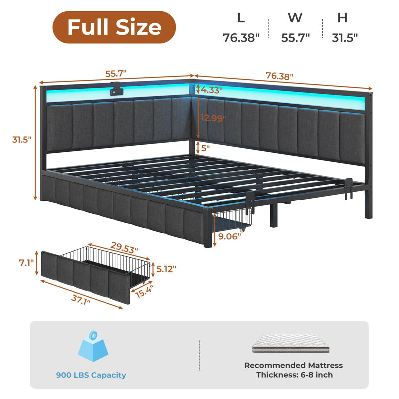 Corner Bed Frame With Led Light And Charging Station, Line Fabric Upholstered Bed With 2 Underbed Storage Drawers, Modern Daybed No Box Spring Needed/noise-free, Grey