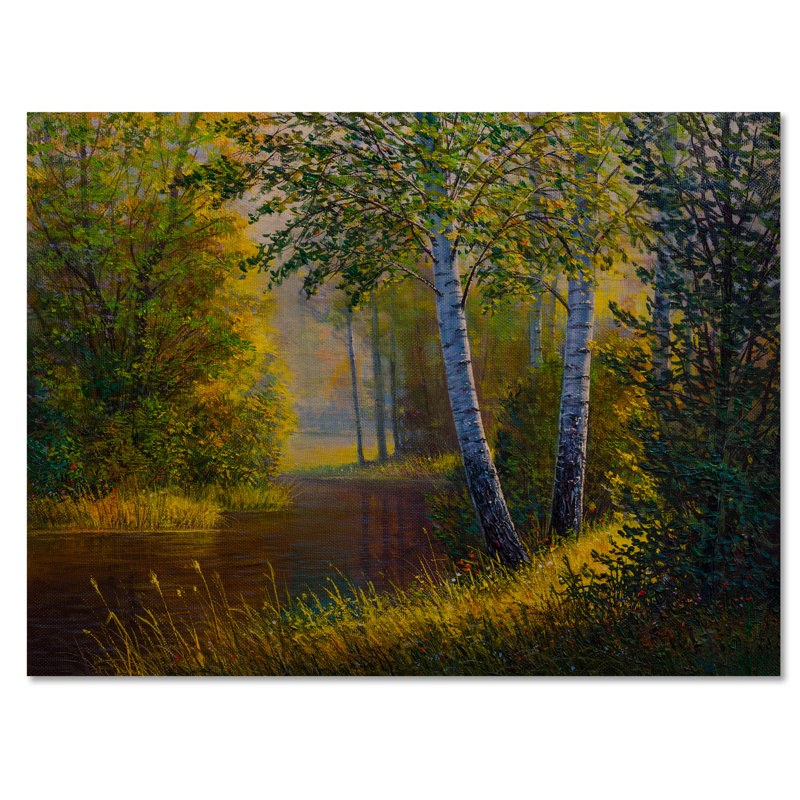 «Morning Sunlight Through The Birches II - Lake House», reproduction d'art murale, H 24 po x l 36 po x P 1 po, Bois de pin