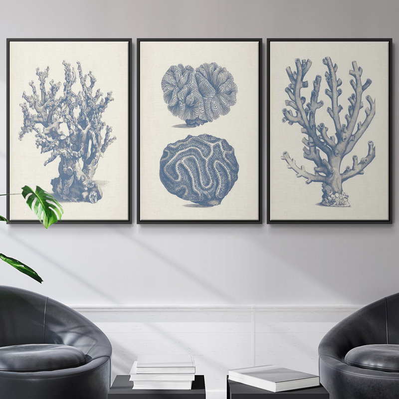 Antique Coral Collection II, ensemble de 3 toiles tendues avec châssis de qualité supérieure, Noir, H 27 po x l 54 po