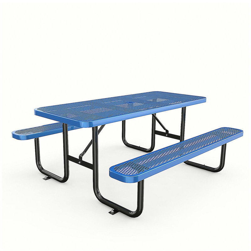 72" Expanded Metal Rectangular Picnic Table, Blue With Umbrella Hole