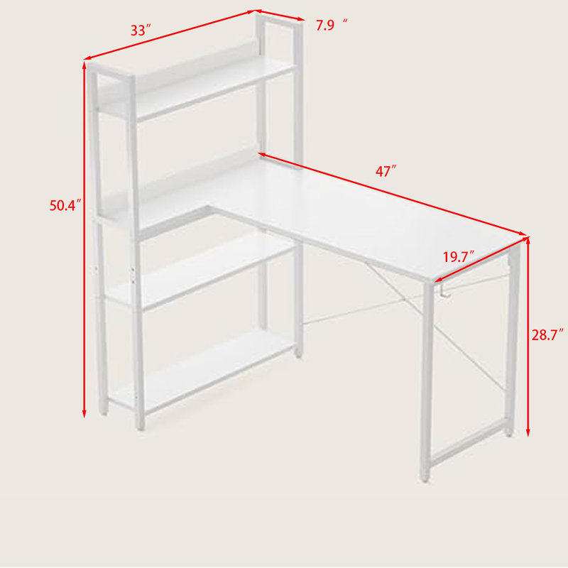 47 Inch Reversible L Shaped Desk with Bookshelf, White