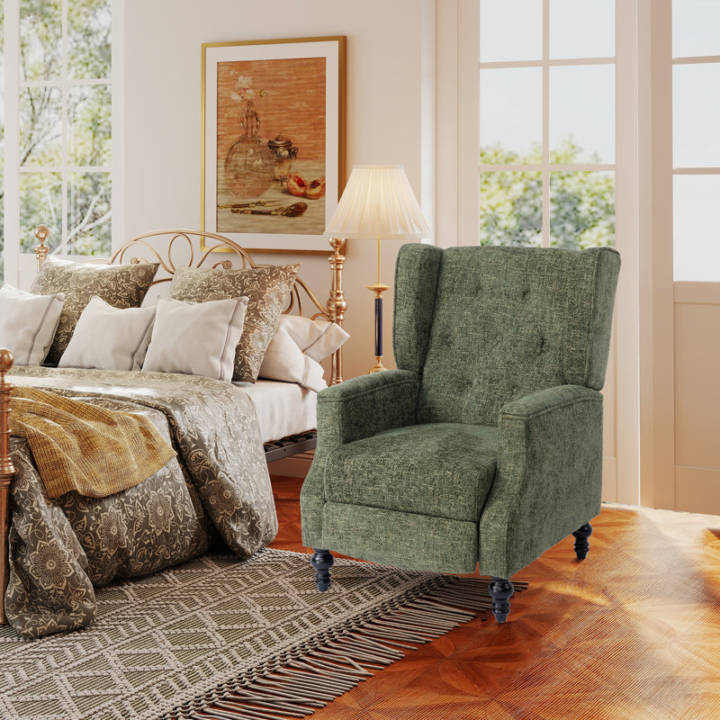 Manual Reclining Upholstered Wingback Armchair, Green