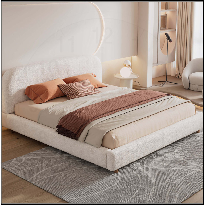 Lit plateforme avec tissu bouclé, tête de lit courbée élégante et assemblage facile pour les chambres à coucher modernes