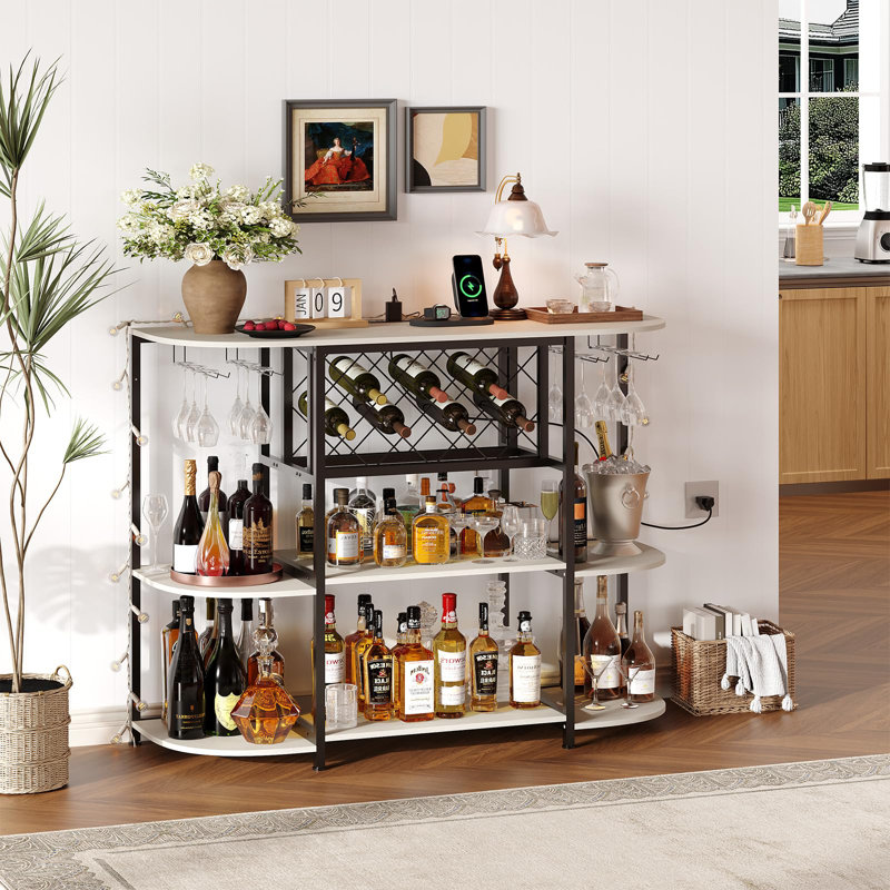 Wine Bar Cabinet with Power Outlet & LED Lights, 4-Tier Storage Bar Table with Glass Holder for Home, White