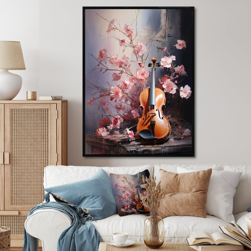 Violon et nature harmoniques nuances II sur toile, Cadre flottant noir, H 32 po x l 16 po x P 1 po