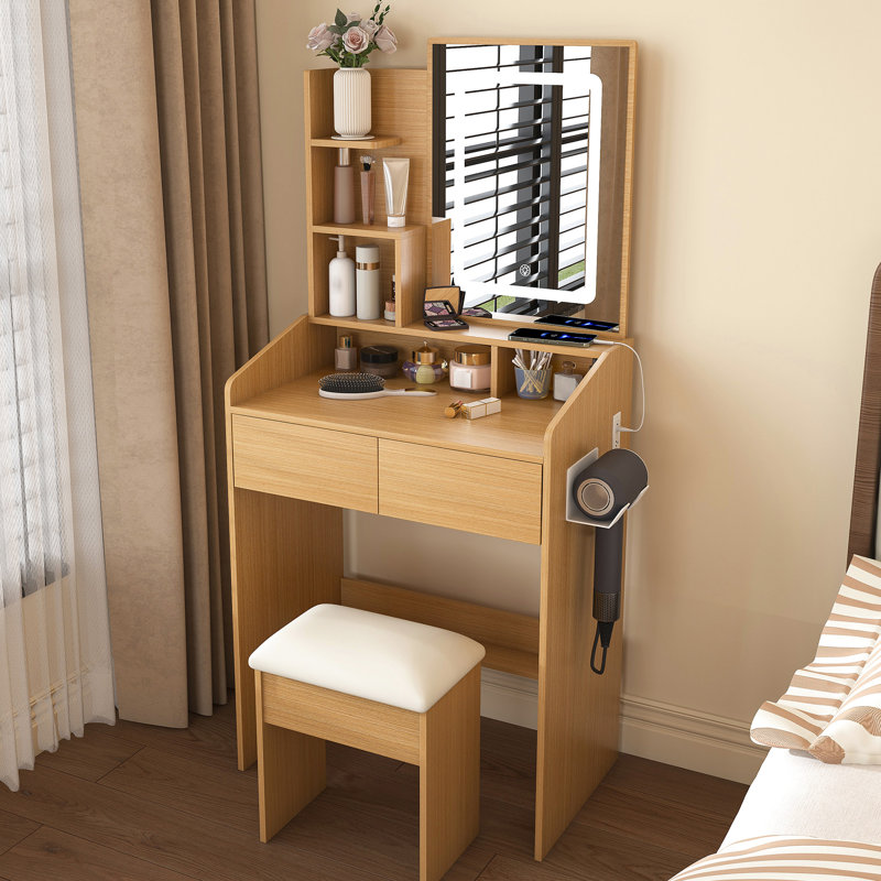 Table de coiffeuse avec miroir éclairé à DEL, prise de courant et porte-séchoir à cheveux - Tabouret confortable avec tablette ouverte pour bureau de chambre compacte à 3 niveaux d'éclairage à DEL réglable, douille, chambre à coucher idéale, 2
