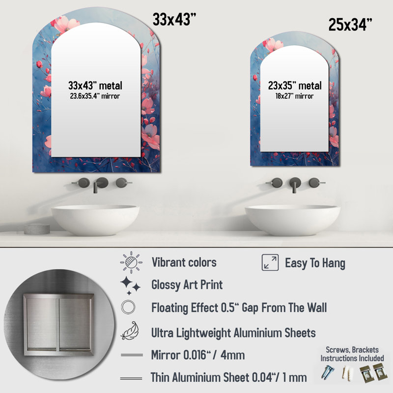 Pink Blue Garden Of Dreams Dogwood IV - Dogwood Arch Large Wall Mirror, Traditional Asymmetrical Unique Mirror, Printed Metal Art
