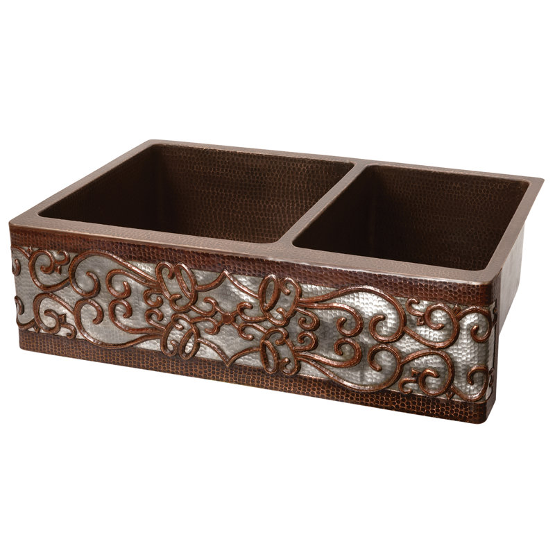 33" Hammered Copper Apron Front 60/40 Double Basin Kitchen Sink w/ Scroll Design and Nickel Background