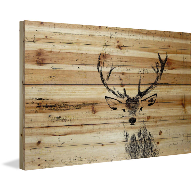 «Inquisitive Deer», reproduction d'art sur bois de pin naturel, H 40 po x l 60 po x P 1,5 po