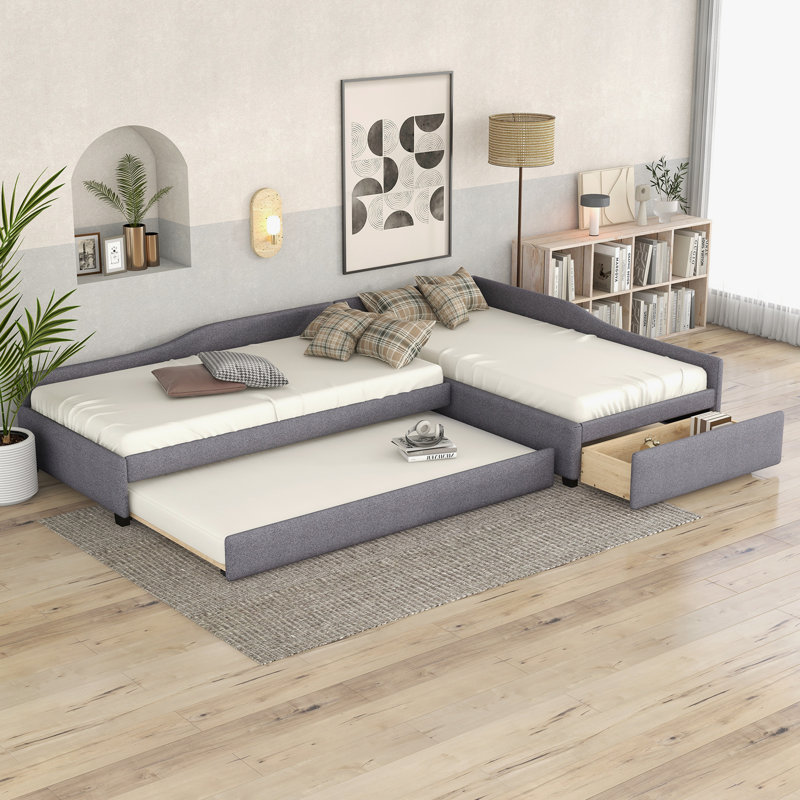 Upholstered Double Daybed with Trundle and Drawer, Gray